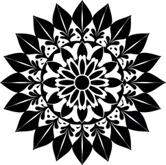 Ornamental Flower Circle Vector | Botanical Black Silhouette