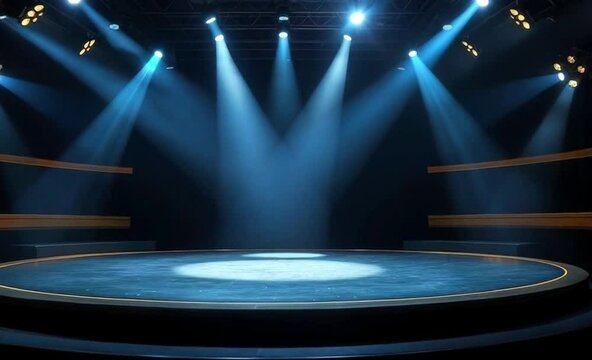 concert stage lights illuminated a blue circular stage with spotlights and smoke.
