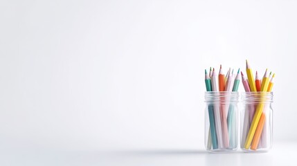 Obraz premium Colored Pencils in Jars Minimalist Design Bright Lighting Wide Shot Organized Storage Creative Art Supplies White Background Pastel Hues Perfect for Stationery Ads