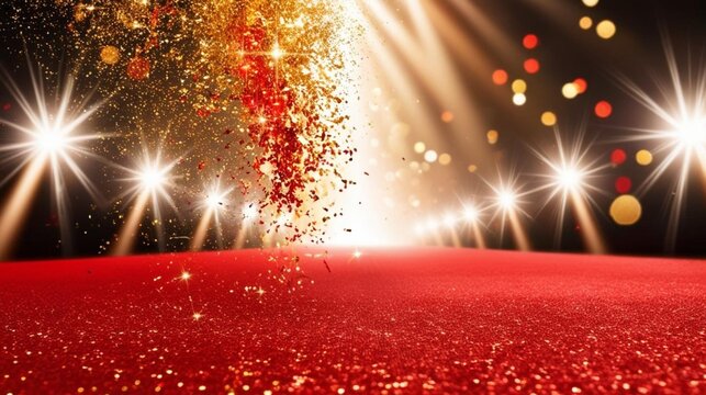 Red Carpet with Golden Edges Under Bright Spotlights and Falling Confetti.