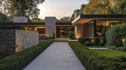 Modern stone house with long walkway, surrounded by lush greenery and warm lighting