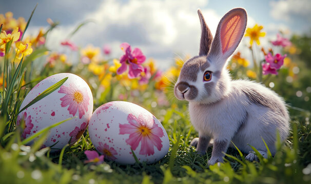 A rabbit sitting in a field of flowers next to two painted eggs