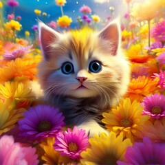 Katzenbaby im bunten Bl&uuml;tenmeer