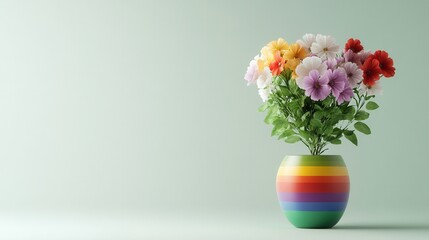 Naklejka premium pride month, lgbt, gay, lesbian concept. Colorful flowers in a striped vase against a soft green background.