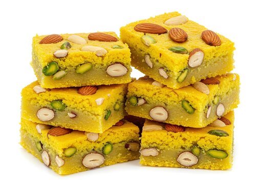 Stack of mohan thal, an indian sweet with nuts, isolated on white background