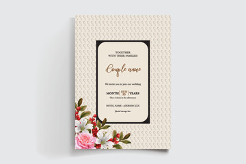 WEDDING INVITATION FRAME WITH FLOWER DECORATIONS AND FRESH LEAVES