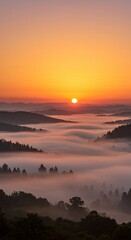 A scenic view of a sunrise over a foggy valley with trees and mountains in the distance golden hour