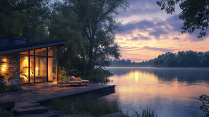 Obraz premium serene riverfront house with large windows and deck, surrounded by nature beauty at sunset