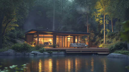 Obraz premium modern riverfront house with large windows and cozy deck, surrounded by nature beauty
