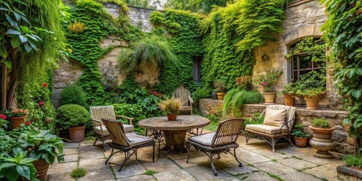 Weeds and climbers have taken over a patio, covering stone furniture and plants , patio, greenery,  patio
