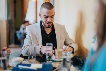 A young professional in a business casual outfit engaging in a meeting at a cafe. The relaxed atmosphere promotes productive discussions and networking.