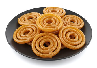 Fototapeta premium Pile of jalebi sweets on a black plate isolated on white background