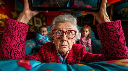 An elderly woman with glasses holding up a tablet computer