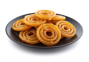 Fototapeta premium Pile of golden jalebi sweets on a dark plate isolated on white background