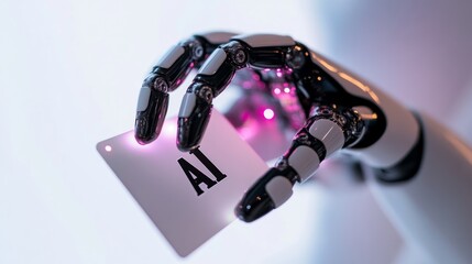 Robotic hand holding AI card.