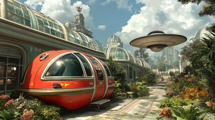 Retro Futuristic Pixel Art Scene with Gardens, Vehicles and Flying Saucer