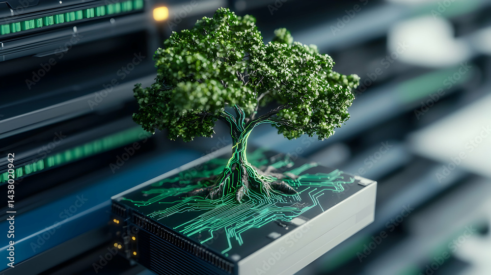 Poster a conceptual image merging nature and technology. suggests sustainable computing and eco-friendly di