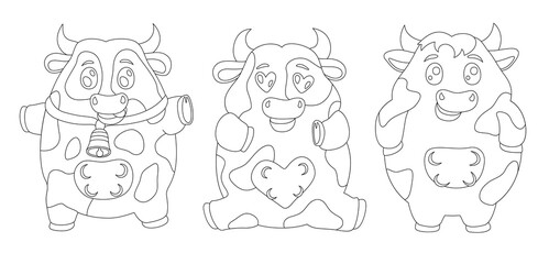 Line art with three cute cartoon cows