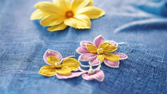 Close-Up of Beautiful Floral Embroidery on Blue Fabric