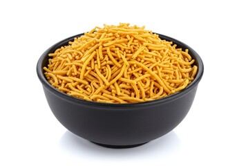 Bowl of aloo bhujia, a popular indian snack isolated on white background