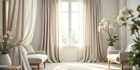 Photo of Modern Curtains with Soft Natural Drapes and Neutral Tones – Ideal for Interior Design, Home Decor Catalogs, and Stylish Lifestyle Editorials