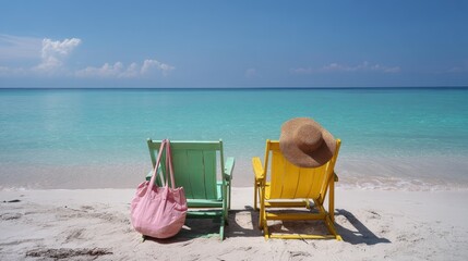 A photo of two beach chairs on the white sand facing the turquoise sea