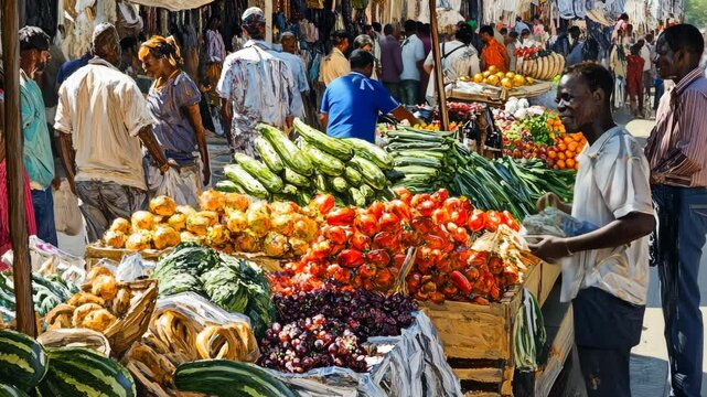 Bustling market scene with diverse produce and dynamic crowd interaction