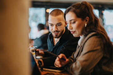 A close-up of two colleagues consulting on a project while sitting in a stylish cafe. The atmosphere highlights teamwork, cooperation, and creative brainstorming in a professional yet relaxed setting.