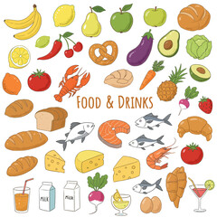 Set of contemporary art food illustrations. Vegetables, fruits, berries, lobster, fish in trendy geometric style. Colorful abstract dinner party drawings. Vector graphic