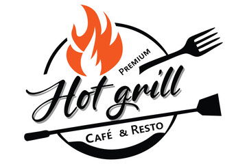 Hot Grill Premium Café and Restaurant Logo Design with Fire and Grill Tools