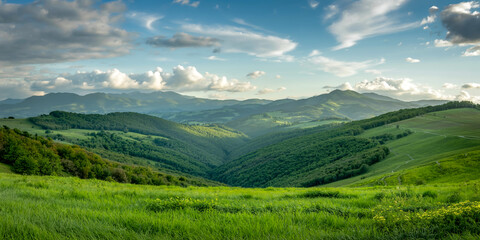 Obraz premium Breathtaking panoramic landscape of rolling lime-green meadows, lush forested hills, and misty mountain ranges beneath a vibrant azure sky with wispy, dynamic cloud patterns