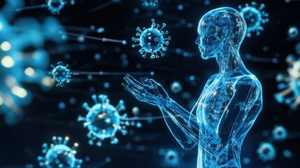 Futuristic representation of a human figure interacting with floating virus particles in a digital space