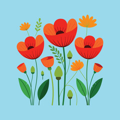 Fototapeta premium Vibrant floral design featuring poppies and other flowers against a light blue background