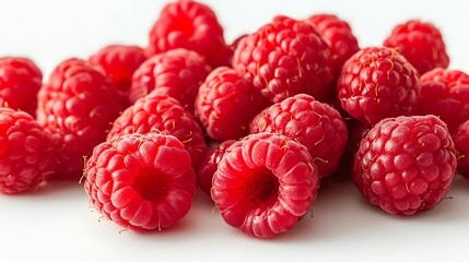 Close-up showcasing the vibrant color and texture of fresh raspberries on white background