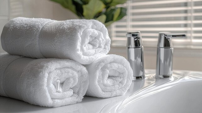 Clean white towels stacked on a bathroom sink with modern chrome faucets and background window blinds for luxury bathroom decor and spa ambiance - Powered by Adobe