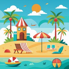 Sunny Beach Paradise with Palm Trees and Colorful Summer Vibes