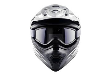 New modern racing helmet grey for motor racing black glass mask isolated on cutout PNG or transparent background. Safety motorcycle accessories. Biker helmet safety driving concept.