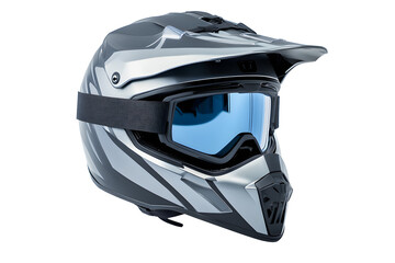 New modern racing helmet grey with black glass mask for motor racing isolated on cutout PNG or transparent background. Safety motorcycle accessories. Biker helmet safety driving concept.