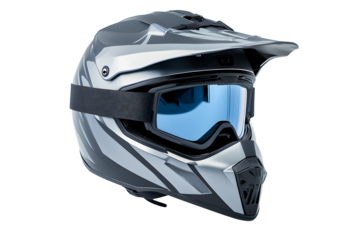 New modern racing helmet grey with black glass mask for motor racing isolated on cutout PNG or transparent background. Safety motorcycle accessories. Biker helmet safety driving concept.