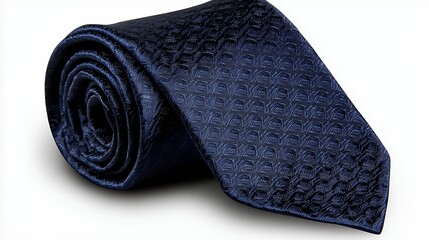 Rolled Dark Blue Textured Necktie on White Background