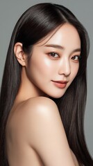 Fototapeta premium Portrait of a Young Woman with Long Dark Hair and Glowing Skin