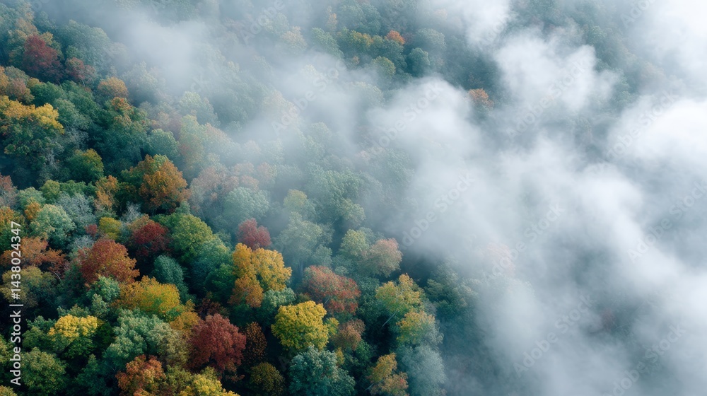 Poster forest canopy captured from above reveals rich autumn hues blending with mist, creating a serene and