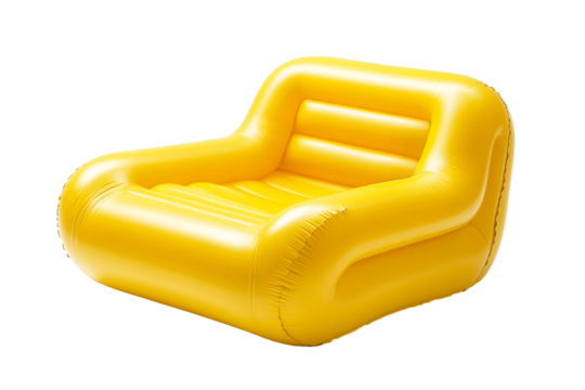Modern inflatable mini chair or single sofa yellow isolated on cutout PNG or transparent background. Can be conveniently carry when travelling. Furniture portable suitable for both children and adults