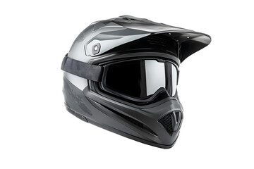 New modern racing helmet grey, black pattern for motor racing black glass mask isolated on cutout PNG or transparent background. Biker helmet safety driving. Safety motorcycle accessories.