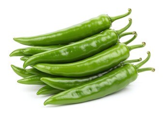 Pile of fresh green chili peppers for cooking ingredient isolated on white background