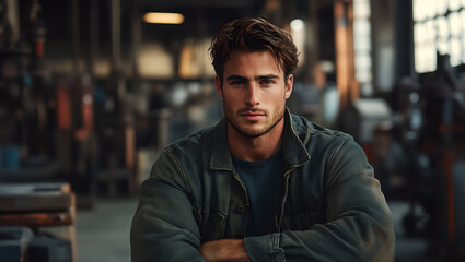 Obraz premium Confident Man in a Green Jacket Posing in an Industrial Setting