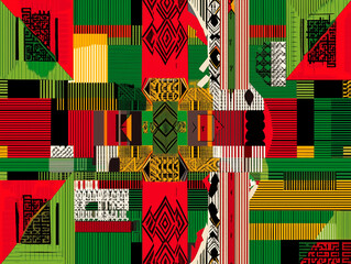 African kente cloth pattern, bold geometric shapes, interwoven stripes in red, gold, green, and black, intricate tribal motifs, seamless design, high detail, textile texture