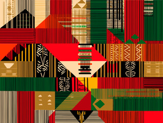 African kente cloth pattern, bold geometric shapes, interwoven stripes in red, gold, green, and black, intricate tribal motifs, seamless design, high detail, textile texture