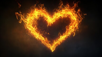 Fiery heart shape, dark background, passion concept, design element
