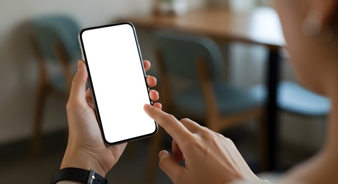 Primer plano de la mano de un hombre de negocios sosteniendo un teléfono inteligente con la pantalla blanca en blanco y el fondo borroso. Maqueta